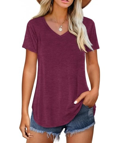 Women V Neck T-Shirt Casual Short Sleeve Plain Tee Shirts Blouses F:burgundy $10.82 Tops