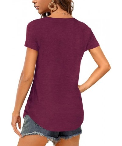 Women V Neck T-Shirt Casual Short Sleeve Plain Tee Shirts Blouses F:burgundy $10.82 Tops