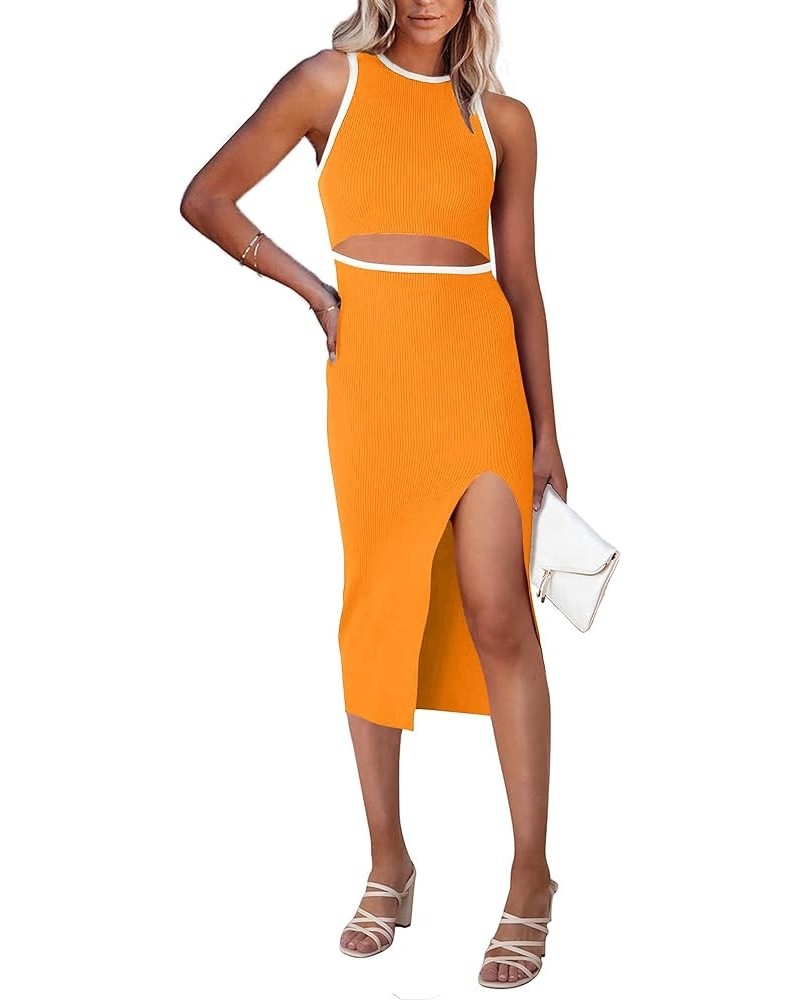 Women's Summer Midi Bodycon Dresses Casual Crew Neck Side Slit Sleeveless Knit Cut Out Tank Top Dress Z-yellow $21.16 Dresses