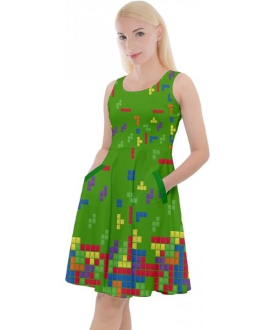 Womens Unique Digital Printed Maze Cartoon Pixelated Fun Knee Length Skater Dress with Pockets, XS-5XL Forest Green $14.40 Ot...