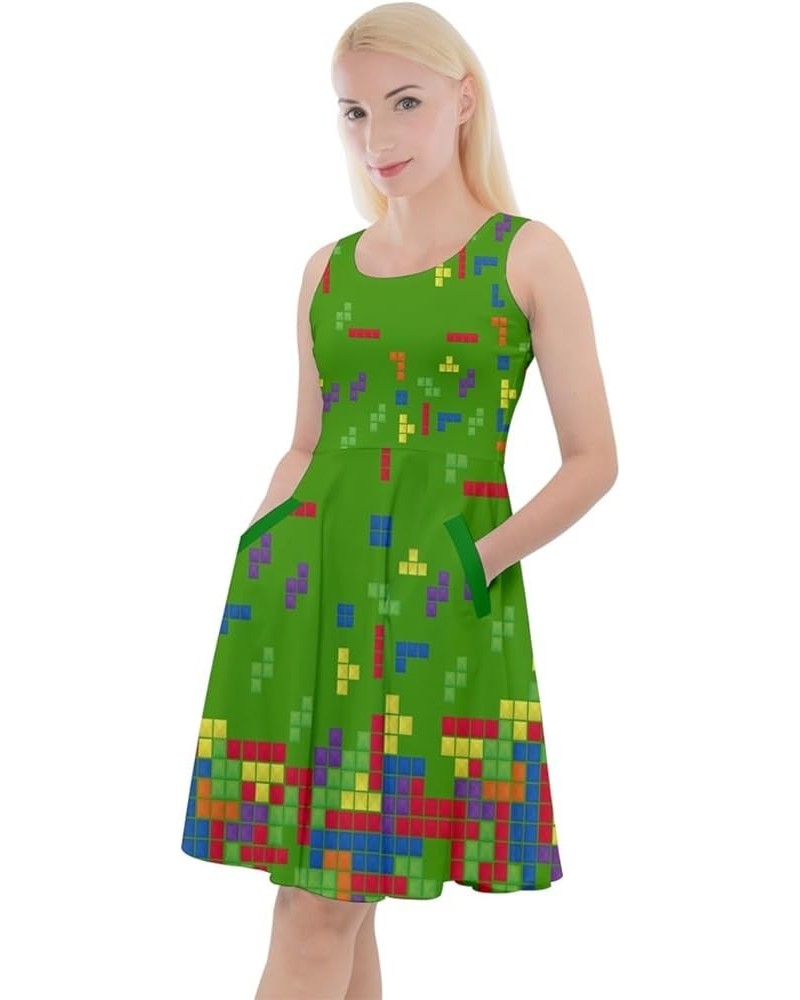 Womens Unique Digital Printed Maze Cartoon Pixelated Fun Knee Length Skater Dress with Pockets, XS-5XL Forest Green $14.40 Ot...