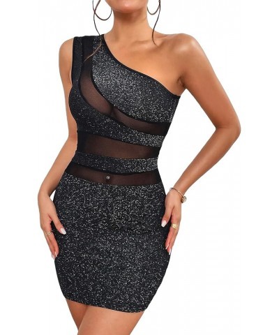 Women's Glitter One Shoulder Mesh Insert Sleeveless Bodycon Sexy Mini Dress Black $12.32 Dresses