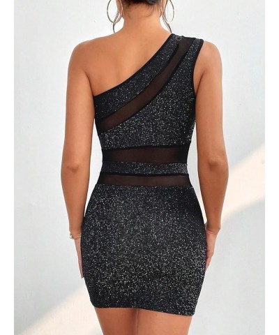 Women's Glitter One Shoulder Mesh Insert Sleeveless Bodycon Sexy Mini Dress Black $12.32 Dresses