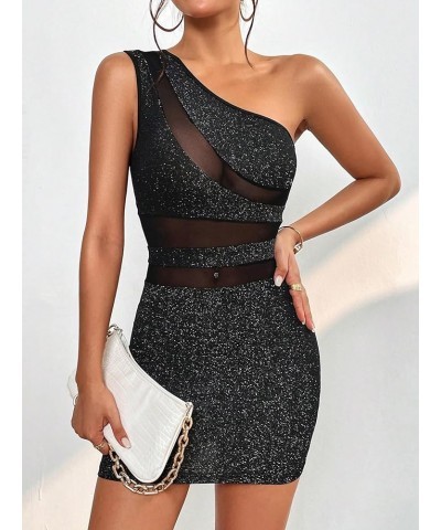 Women's Glitter One Shoulder Mesh Insert Sleeveless Bodycon Sexy Mini Dress Black $12.32 Dresses