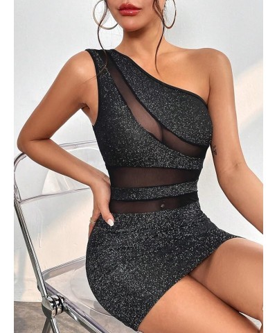 Women's Glitter One Shoulder Mesh Insert Sleeveless Bodycon Sexy Mini Dress Black $12.32 Dresses