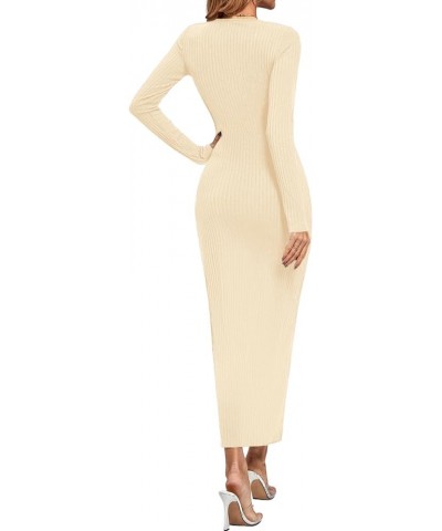 Women's Round Neck Long Sleeve Ribbed Knit Bodycon Pencil Long Maxi Dress Beige $22.87 Dresses