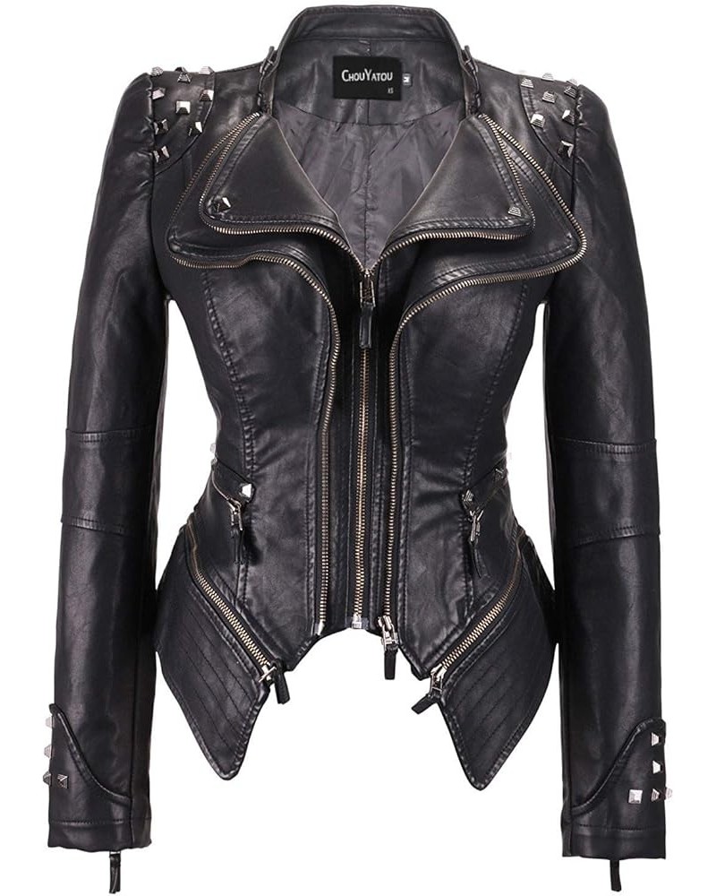 Women's Fashion Studded Perfectly Shaping Faux Leather Biker Jacket Black $35.10 Coats