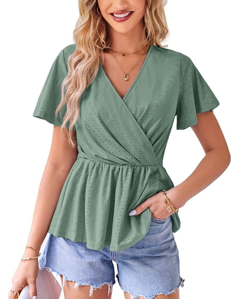 2024 Womens Tops Wrap V Neck Eyelet Top Ruffle Sleeve Peplum Summer Casual T Shirts Green $12.25 Blouses