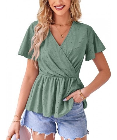 2024 Womens Tops Wrap V Neck Eyelet Top Ruffle Sleeve Peplum Summer Casual T Shirts Green $12.25 Blouses