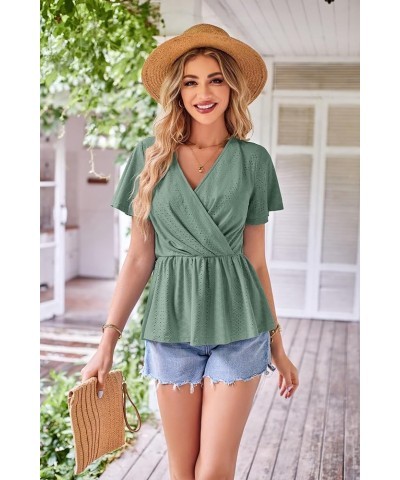 2024 Womens Tops Wrap V Neck Eyelet Top Ruffle Sleeve Peplum Summer Casual T Shirts Green $12.25 Blouses