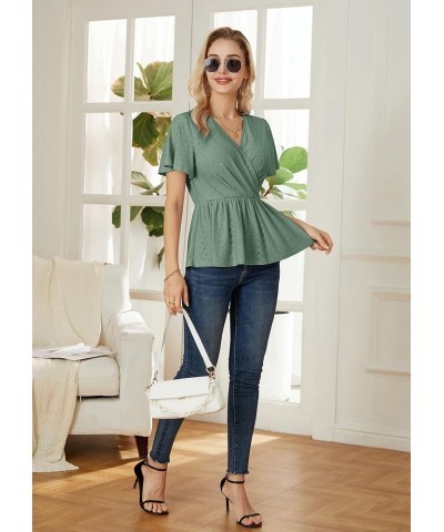 2024 Womens Tops Wrap V Neck Eyelet Top Ruffle Sleeve Peplum Summer Casual T Shirts Green $12.25 Blouses