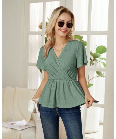 2024 Womens Tops Wrap V Neck Eyelet Top Ruffle Sleeve Peplum Summer Casual T Shirts Green $12.25 Blouses