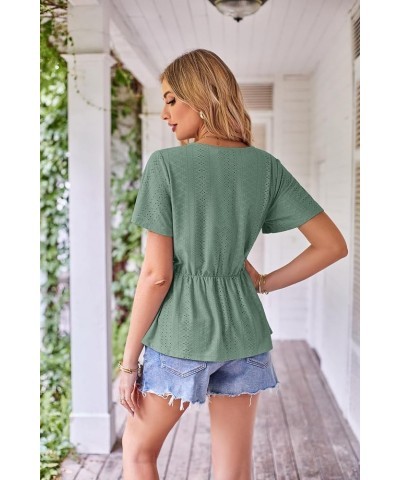 2024 Womens Tops Wrap V Neck Eyelet Top Ruffle Sleeve Peplum Summer Casual T Shirts Green $12.25 Blouses