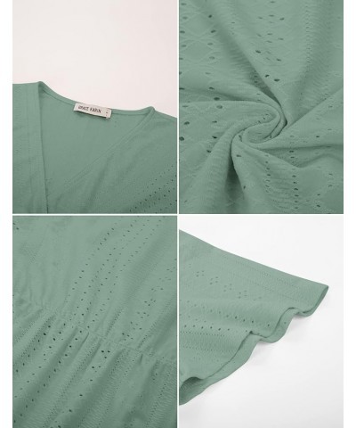 2024 Womens Tops Wrap V Neck Eyelet Top Ruffle Sleeve Peplum Summer Casual T Shirts Green $12.25 Blouses