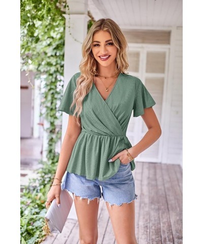 2024 Womens Tops Wrap V Neck Eyelet Top Ruffle Sleeve Peplum Summer Casual T Shirts Green $12.25 Blouses