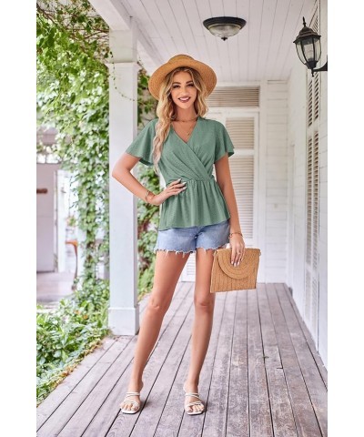 2024 Womens Tops Wrap V Neck Eyelet Top Ruffle Sleeve Peplum Summer Casual T Shirts Green $12.25 Blouses