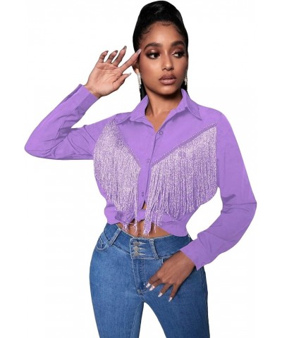 Women's Fringe Trim Button Down Collared Long Sleeve Blouse Top Shirt Purple $20.27 Blouses