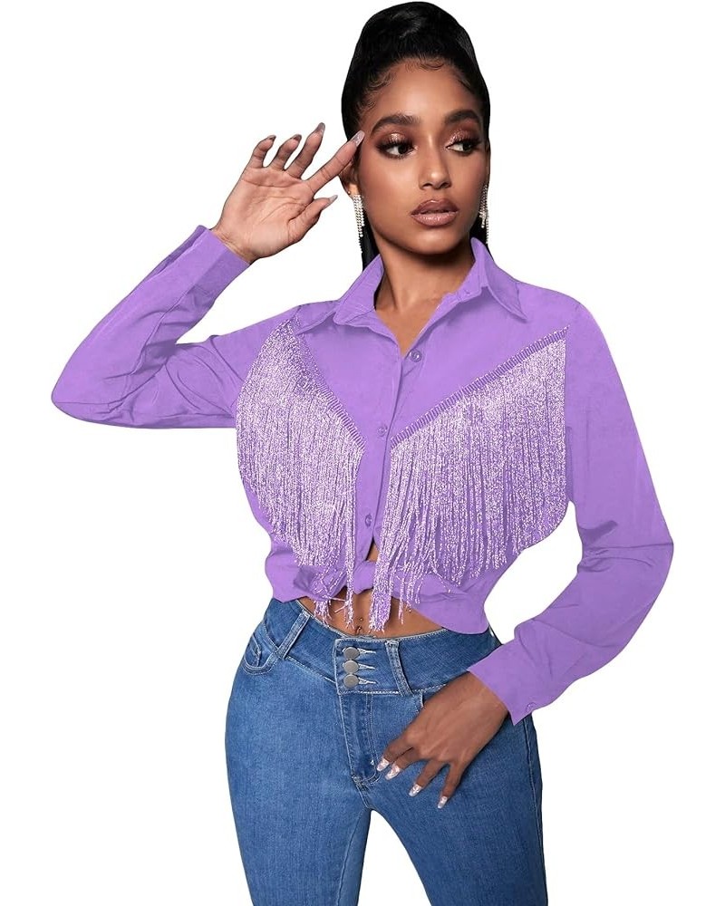 Women's Fringe Trim Button Down Collared Long Sleeve Blouse Top Shirt Purple $20.27 Blouses