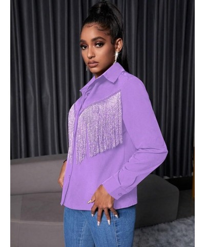 Women's Fringe Trim Button Down Collared Long Sleeve Blouse Top Shirt Purple $20.27 Blouses