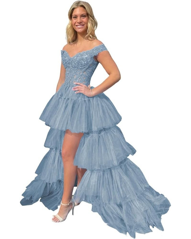 Women's Tiered Puffy Tulle Prom Dresses Long Off Shoulder Lace High Low Ruffled Formal Evening Gown Dusty Blue $53.30 Dresses