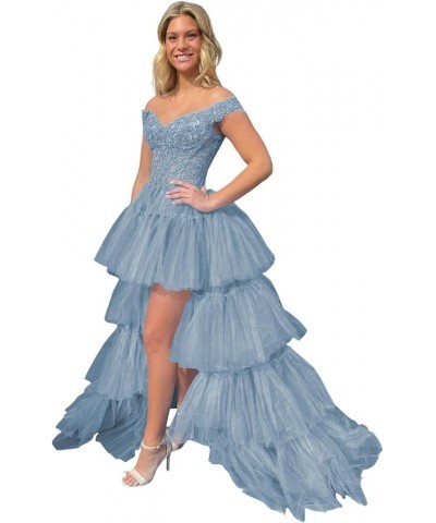 Women's Tiered Puffy Tulle Prom Dresses Long Off Shoulder Lace High Low Ruffled Formal Evening Gown Dusty Blue $53.30 Dresses