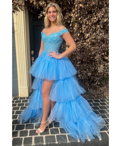 Women's Tiered Puffy Tulle Prom Dresses Long Off Shoulder Lace High Low Ruffled Formal Evening Gown Dusty Blue $53.30 Dresses