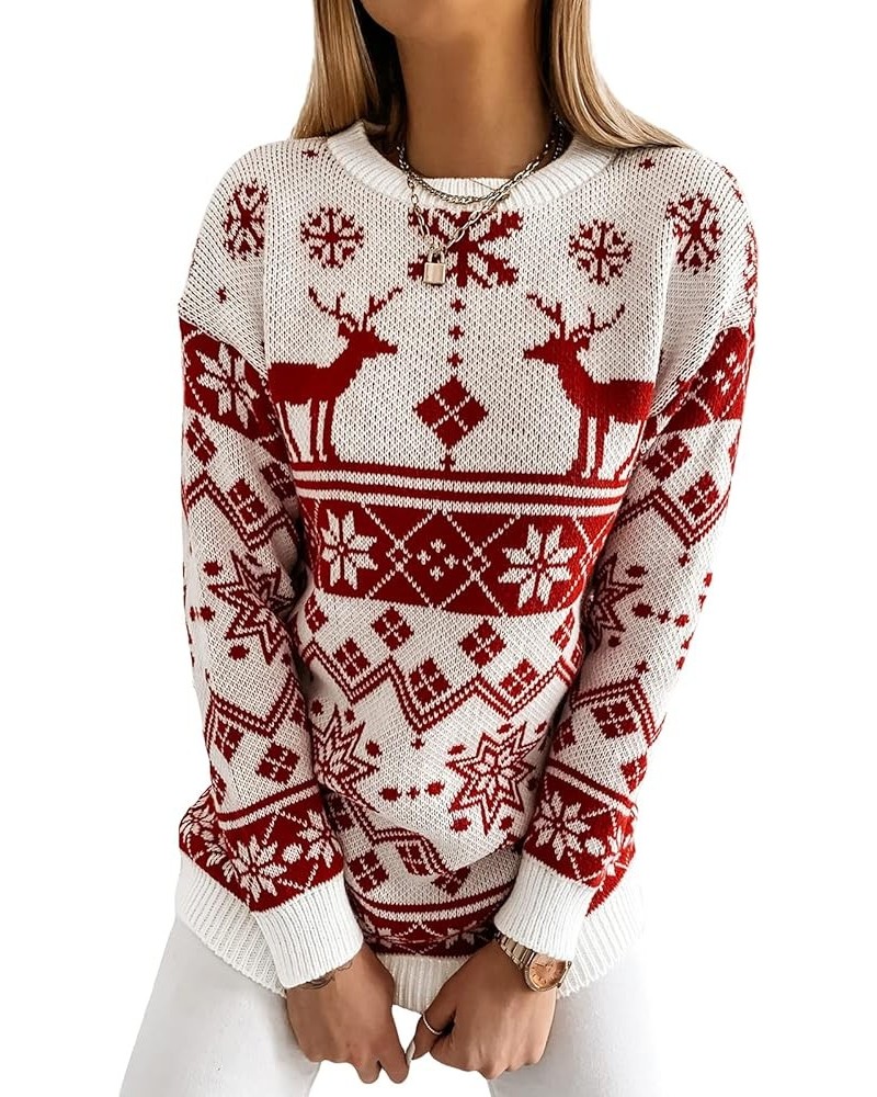 Women Sweater Christmas Oversized Pullover Sweaters Reindeer Snowflake Graphic Long Sleeve Crew Neck Knit Tops Xmas White $13...