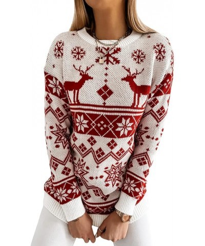 Women Sweater Christmas Oversized Pullover Sweaters Reindeer Snowflake Graphic Long Sleeve Crew Neck Knit Tops Xmas White $13...