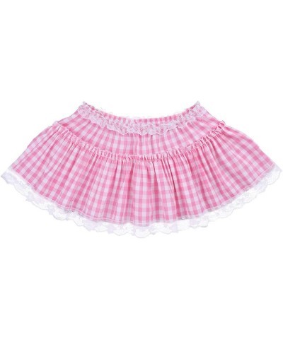 Unisex Men Women Sissy A-Line Mini Skirts Frilly Lace Pleated Gingham Crossdress Fancy Dress Clubwear Pink $7.07 Skirts