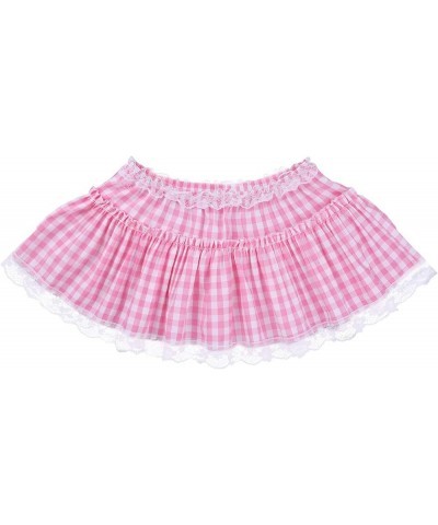 Unisex Men Women Sissy A-Line Mini Skirts Frilly Lace Pleated Gingham Crossdress Fancy Dress Clubwear Pink $7.07 Skirts