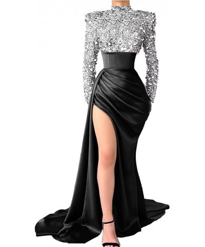 Sequin Mermaid Prom Dresses Long Sleeve Satin Sparkly Formal Evening Party Gown with Slit B-silver Black $44.19 Dresses