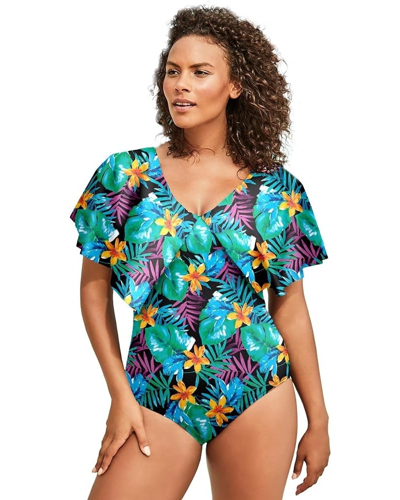 Women's Plus Size Flutter-Sleeve One-Piece Swimsuit Black Hula Palm $17.38 Others