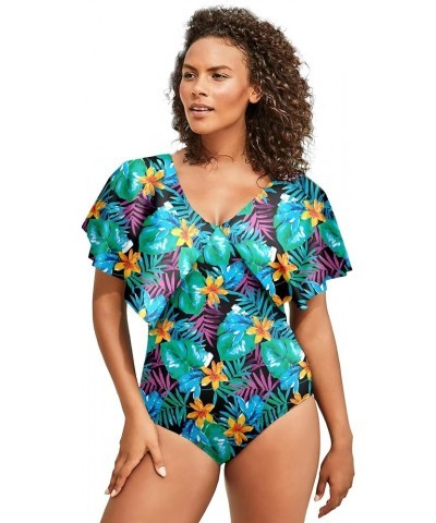 Women's Plus Size Flutter-Sleeve One-Piece Swimsuit Black Hula Palm $17.38 Others