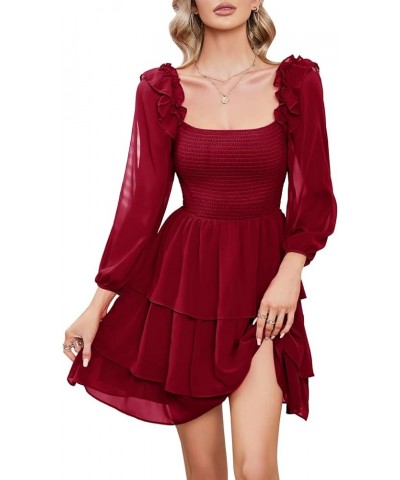 Women's Smocked Ruffle Mini Dress Square Neck Long Sleeve Party Dress Cute Cottagecore Wedding Guest Dress Wine Red $21.62 Dr...