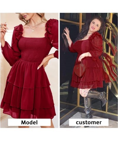 Women's Smocked Ruffle Mini Dress Square Neck Long Sleeve Party Dress Cute Cottagecore Wedding Guest Dress Wine Red $21.62 Dr...