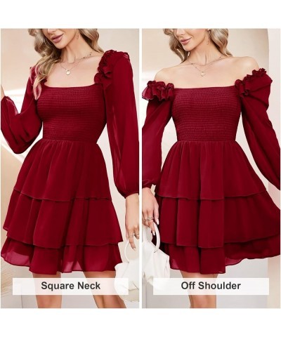 Women's Smocked Ruffle Mini Dress Square Neck Long Sleeve Party Dress Cute Cottagecore Wedding Guest Dress Wine Red $21.62 Dr...