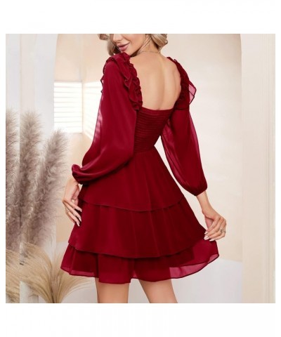 Women's Smocked Ruffle Mini Dress Square Neck Long Sleeve Party Dress Cute Cottagecore Wedding Guest Dress Wine Red $21.62 Dr...