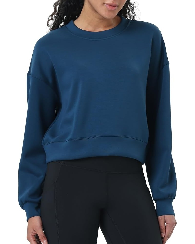 Women's Crewneck Sweatshirt Casual Cropped Pullover Long Sleeves Workout Sweatshirt Tops Navy Blue $19.00 Hoodies & Sweatshirts