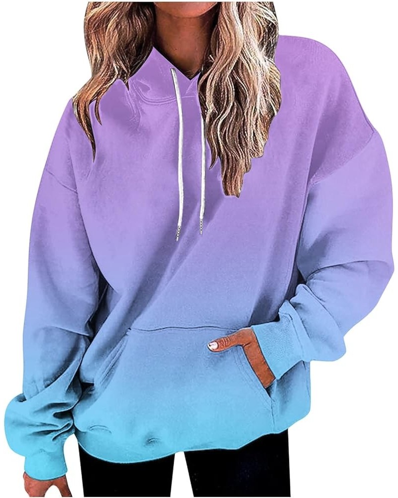 Women's Casual Drawstring Hoodies Long Sleeve Solid Lightweight Pullover Tops Loose Hooded Sweatshirt with Pocket Y5*light Bl...