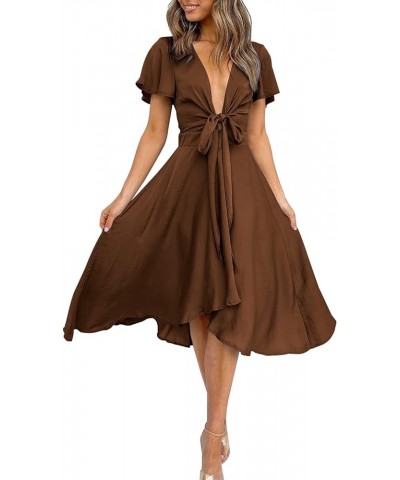 Womens Satin V Neck Ruffle Short Sleeve Tie Front High Waist Midi A-Line Maxi Dresses A Coffee $29.06 Dresses