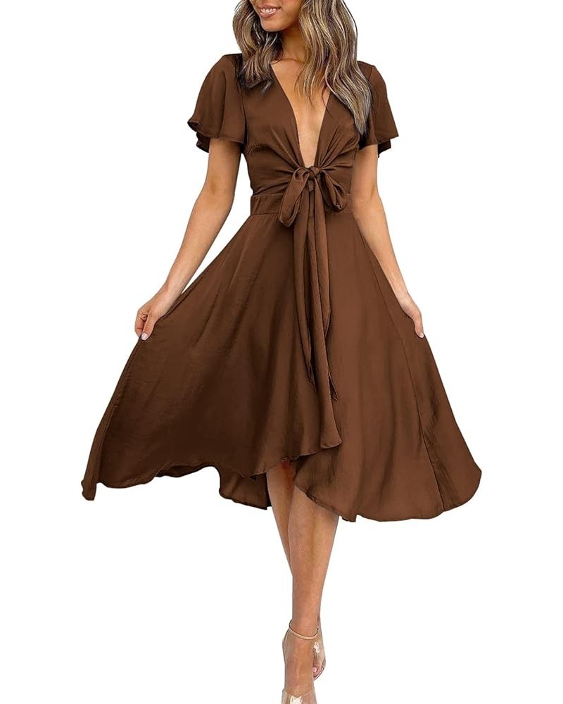 Womens Satin V Neck Ruffle Short Sleeve Tie Front High Waist Midi A-Line Maxi Dresses A Coffee $29.06 Dresses