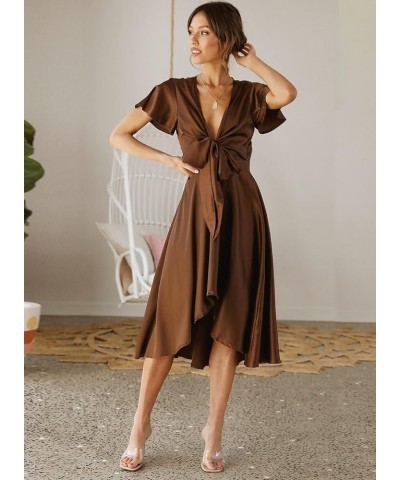 Womens Satin V Neck Ruffle Short Sleeve Tie Front High Waist Midi A-Line Maxi Dresses A Coffee $29.06 Dresses