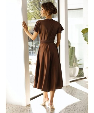 Womens Satin V Neck Ruffle Short Sleeve Tie Front High Waist Midi A-Line Maxi Dresses A Coffee $29.06 Dresses