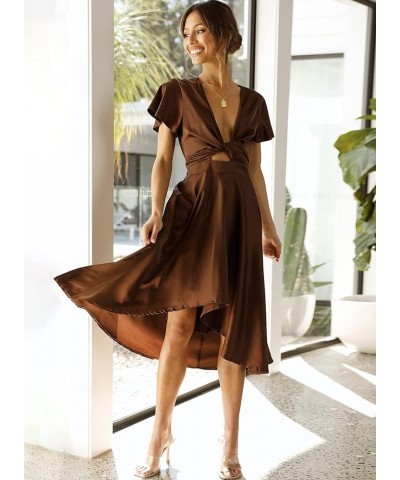 Womens Satin V Neck Ruffle Short Sleeve Tie Front High Waist Midi A-Line Maxi Dresses A Coffee $29.06 Dresses