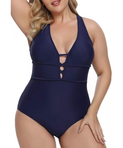 Women's Plus Size One Piece Swimsuits Bathing Suits for Women Sexy Halter Plunge Neck Swimsuit Lace Up Swimwear L-4XL Navy Bl...