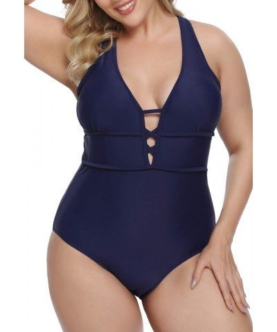 Women's Plus Size One Piece Swimsuits Bathing Suits for Women Sexy Halter Plunge Neck Swimsuit Lace Up Swimwear L-4XL Navy Bl...