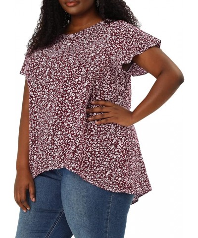 Plus Size Blouses for Women Flare Sleeve Round Neck Floral Print Ruffle Casual Blouse Top Valentine Day Burgundy $18.23 Blouses