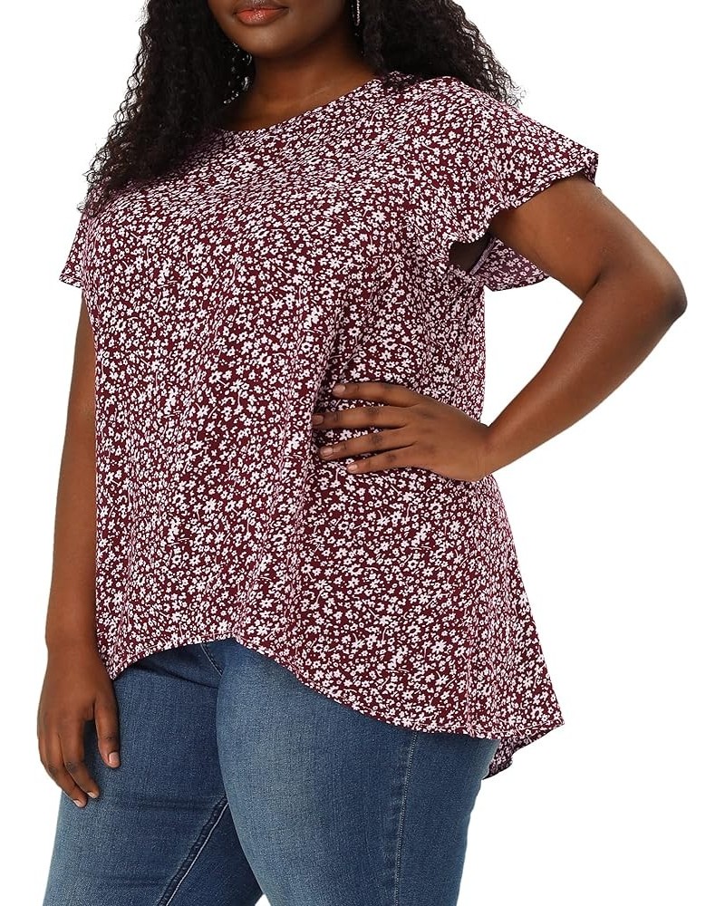 Plus Size Blouses for Women Flare Sleeve Round Neck Floral Print Ruffle Casual Blouse Top Valentine Day Burgundy $18.23 Blouses