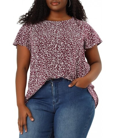 Plus Size Blouses for Women Flare Sleeve Round Neck Floral Print Ruffle Casual Blouse Top Valentine Day Burgundy $18.23 Blouses