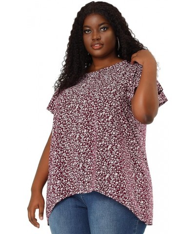 Plus Size Blouses for Women Flare Sleeve Round Neck Floral Print Ruffle Casual Blouse Top Valentine Day Burgundy $18.23 Blouses